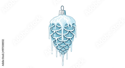 Illustration of a blue glass pinecone Christmas ornament covered in melting white snow or icing, hanging against a solid white background.