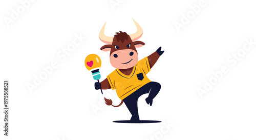 Cartoon bull character wearing a yellow shirt and black pants, happily dancing while holding a glowing lightbulb with a small red heart.