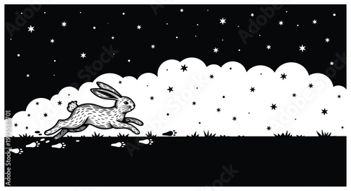 Black and white illustration of a rabbit jumping through a grassy field at night under a starry sky with large and soft white clouds.