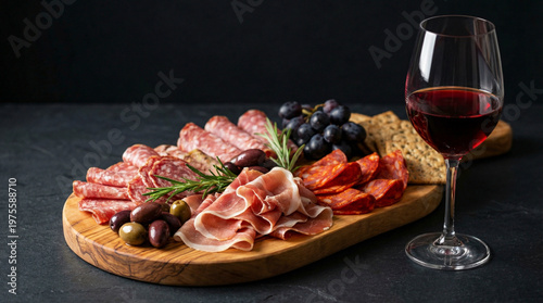 A wooden charcuterie board filled with sliced prosciutto, spicy salami, black olives, sweet grapes, and crackers sits by a crystal glass of fine red wine on a dark table.