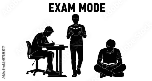 Student studying and reading during exam preparation with focused concentration silhouette