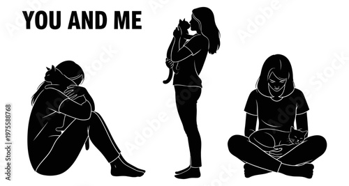 Woman and Cat Silhouettes Showing Affection and Comfort