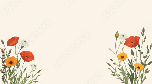 A serene and minimalist botanical illustration featuring orange flowers and green foliage. Perfect for backgrounds, branding, or adding a touch of nat