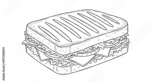 Detailed line art illustration shows a delicious grilled panini sandwich filled with layers of cheese, lettuce, and sliced tomatoes.