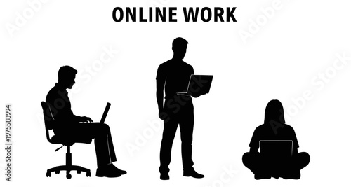 Silhouettes of people working on laptops in different postures during online work