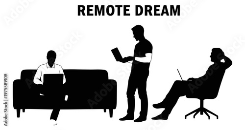 Silhouettes of people working remotely on laptops in different comfortable positions