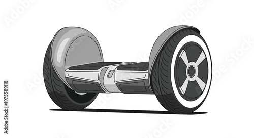 Modern two-wheeled hoverboard is illustrated in shades of grey and black, showing a sleek design for personal electric transportation.