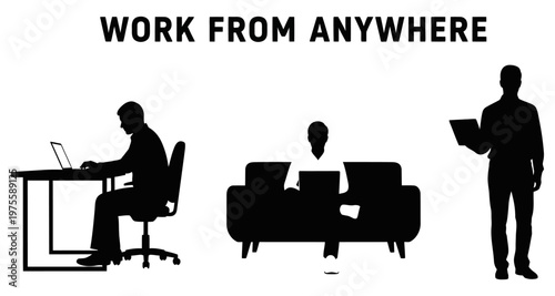 Silhouettes of people working remotely on laptops and tablets in diverse settings