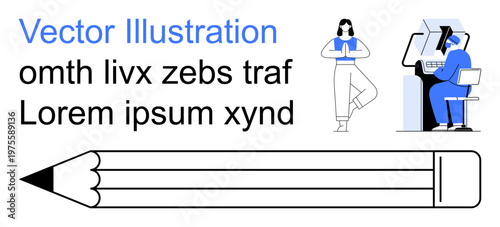 Education, creativity, work-life balance, graphic design, digital creation, mindfulness. A pencil, a person in a yoga pose and a person at a computer. Education and creativity concept