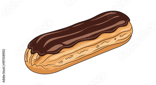 Mouth-watering illustration shows a classic French eclair pastry topped with a smooth layer of dark chocolate glaze on a white background.