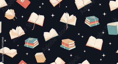 Magical seamless pattern features floating open books and stacks of literature among twinkling stars on a deep dark blue background.