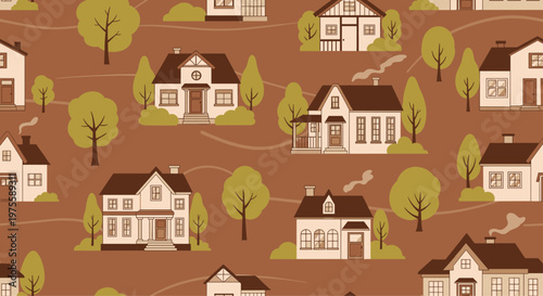 Charming seamless pattern features a suburban neighborhood with various houses and green trees set against a warm brown background.