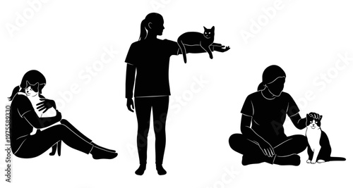 Silhouettes of women interacting with cats in simple poses on white background