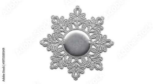 Elegant Silver Ornamental Snowflake Design with Intricate Floral Patterns, Metallic Decorative Element, Symmetrical Luxury Motif, Vintage Inspired Embellishment for Festive and Winter Themes