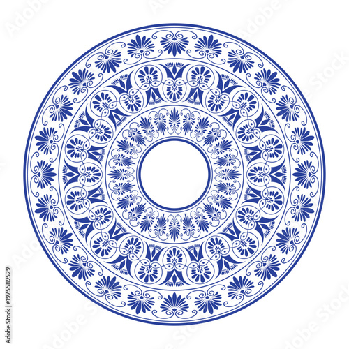 Round frame porcelain plate with blue floral ornament. Elegant circular vector classic Mediterranean pattern. Ancient Greek and Roman ceramic. Palmette, floral motif. Egyptian, Assyrian, Greek motif 