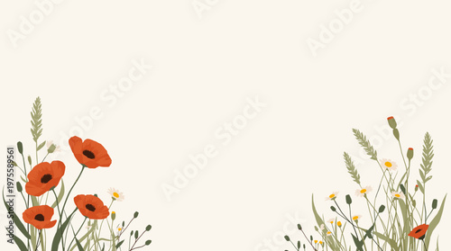 A minimalist, artistic illustration of poppy flowers. Ideal for springtime designs, botanical artwork, or adding a touch of natural elegance to any pr
