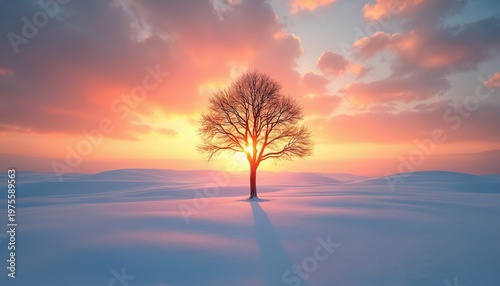 Lone bare tree stands in vast snowy field during colorful sunset. Sun shines through branches creating dramatic shadow. Serene winter landscape with warm sky hues. Peaceful nature scene, calm