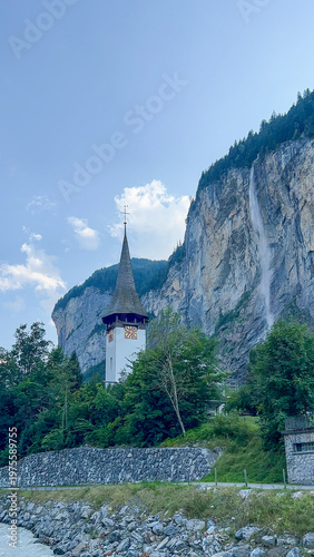 Picturesque Lauterbrunnen Church and Waterfall