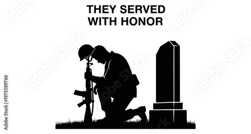 Soldier kneeling with rifle at grave marker honoring service during solemn remembrance