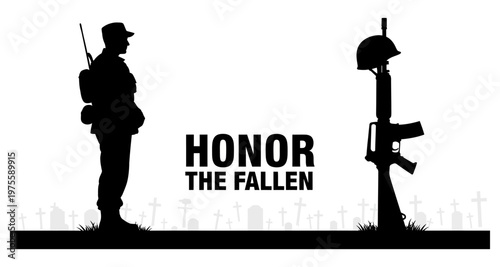 Soldier saluting fallen comrade memorial with rifle and helmet in cemetery silhouette