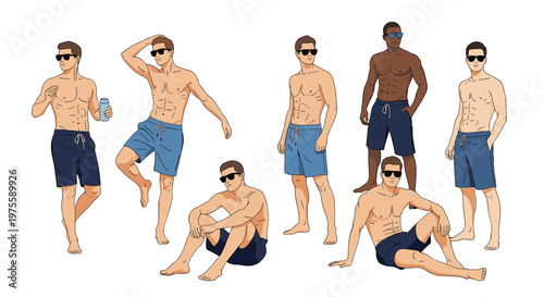 Collection of fit men wearing different styles of swimming trunks and sunglasses are shown in various casual poses on a white background.