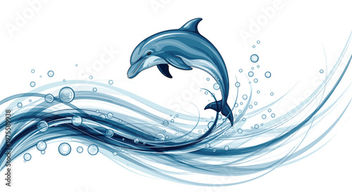 Vibrant blue dolphin leaping gracefully over swirling ocean waves and splashing bubbles in a beautifully detailed artistic illustration.