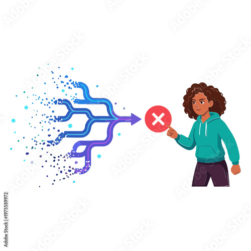 A person stops a flowing circuit with a cancel sign.