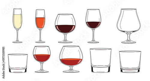 Comprehensive set of diverse glassware including wine, champagne, and brandy glasses filled with different beverages or presented entirely empty.