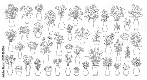 Extensive set of detailed black and white line art drawings featuring diverse floral arrangements in many different vases and clay flowerpots.