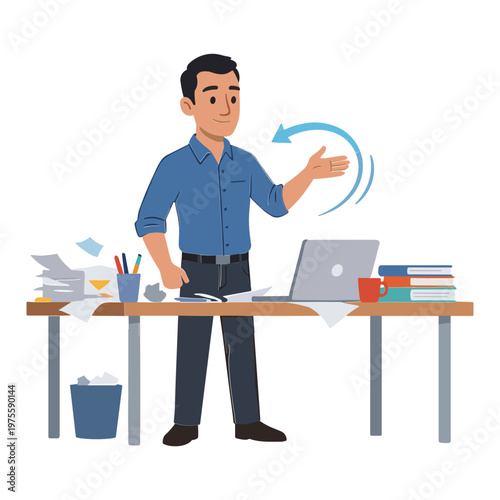 A man gesturing at a laptop on a cluttered desk in an office.