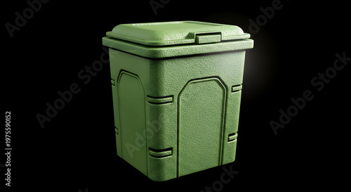 Green Plastic Storage Container with Lid on Dark Background, Durable Utility Bin for Organization, Waste Management or Household Storage, Minimal Industrial Design with Clean and Modern Look