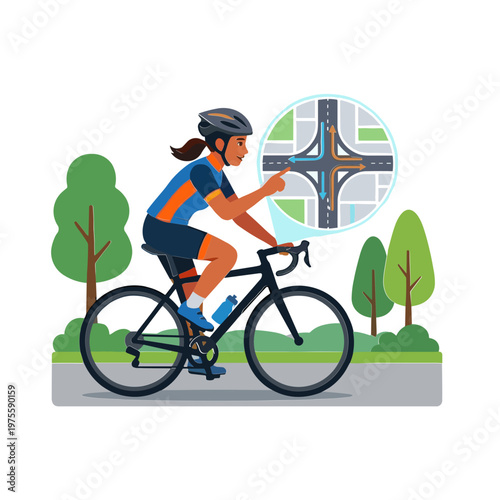 Cyclist riding bike on road with map in hand near trees and bushes
