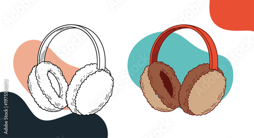 Cozy winter earmuffs shown in two distinct styles including a black and white line drawing and a colorful illustration with red and brown hues.