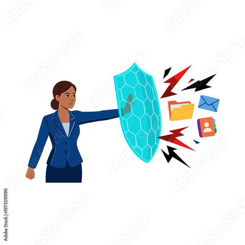 Woman protects data with shield from cyber threats and spam emails