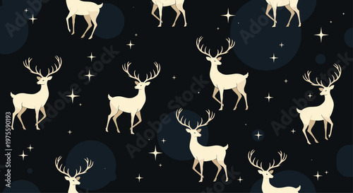Enchanting seamless pattern of white deer silhouettes roaming under a deep navy starry night sky filled with glowing celestial elements.