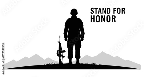 Soldier silhouette standing with rifle against mountain landscape during daytime