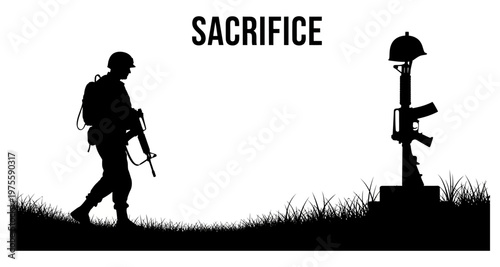 Soldier silhouette walking past fallen comrade's memorial during sunset