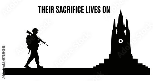 Soldier silhouette walks towards a monument with text overlay honoring sacrifice