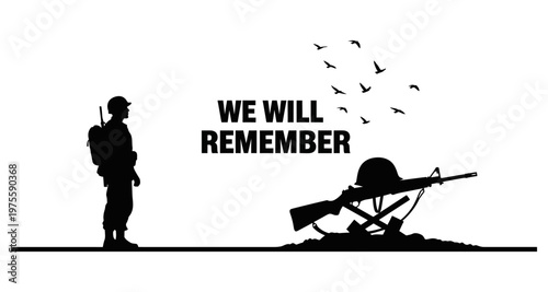 Soldier silhouette with fallen equipment and birds flying during remembrance ceremony