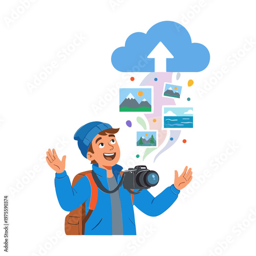 Man uploading photos from camera to cloud storage service
