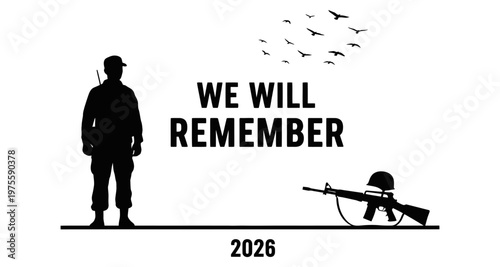 Soldier silhouette with rifle and helmet remembering fallen comrades on a clear day