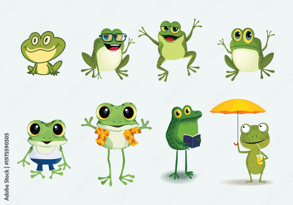 Fototapeta premium Set of cute frog cartoon character hand drawn vector illustration. Isolated on white background.