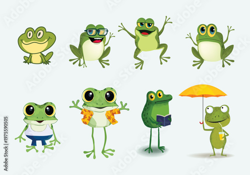 Set of cute frog cartoon character hand drawn vector illustration. Isolated on white background.
