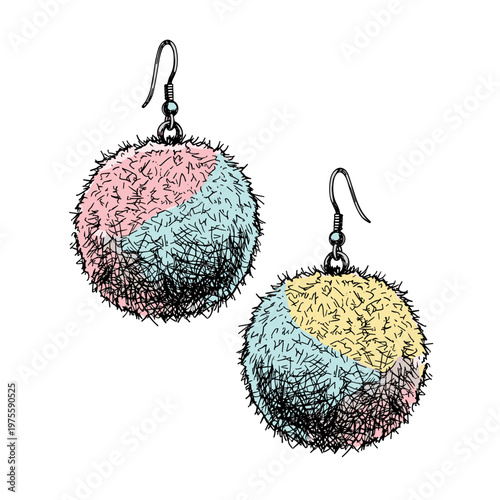 Colorful pompom earrings with pastel hues isolated on white background, featuring soft texture and spherical design with metal hooks