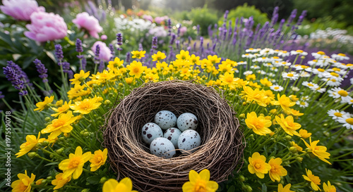 Bird Eggs in a Nest Surrounded by Vibrant Spring Flowers in a Garden