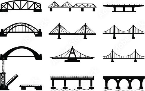 Collection of iconic bridge silhouettes in various architectural styles
Collection of various bridge designs and architectural styles in a vector graphic illustration set on a clean white background 