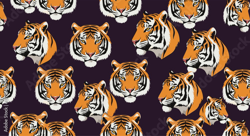 Striking and fierce seamless pattern featuring powerful tiger face illustrations with intense gazes scattered on a dark navy background.