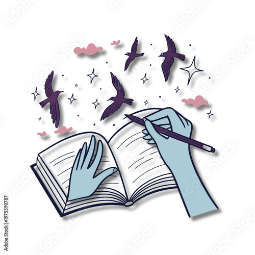Hand Drawing and Writing in Open Book with Flying Birds and Night Sky Illustration