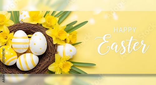 Happy Easter eggs in nest with yellow flowers and green leaves on yellow background