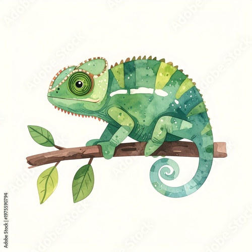 Minimalist watercolor illustration of Cute cartoon chameleon